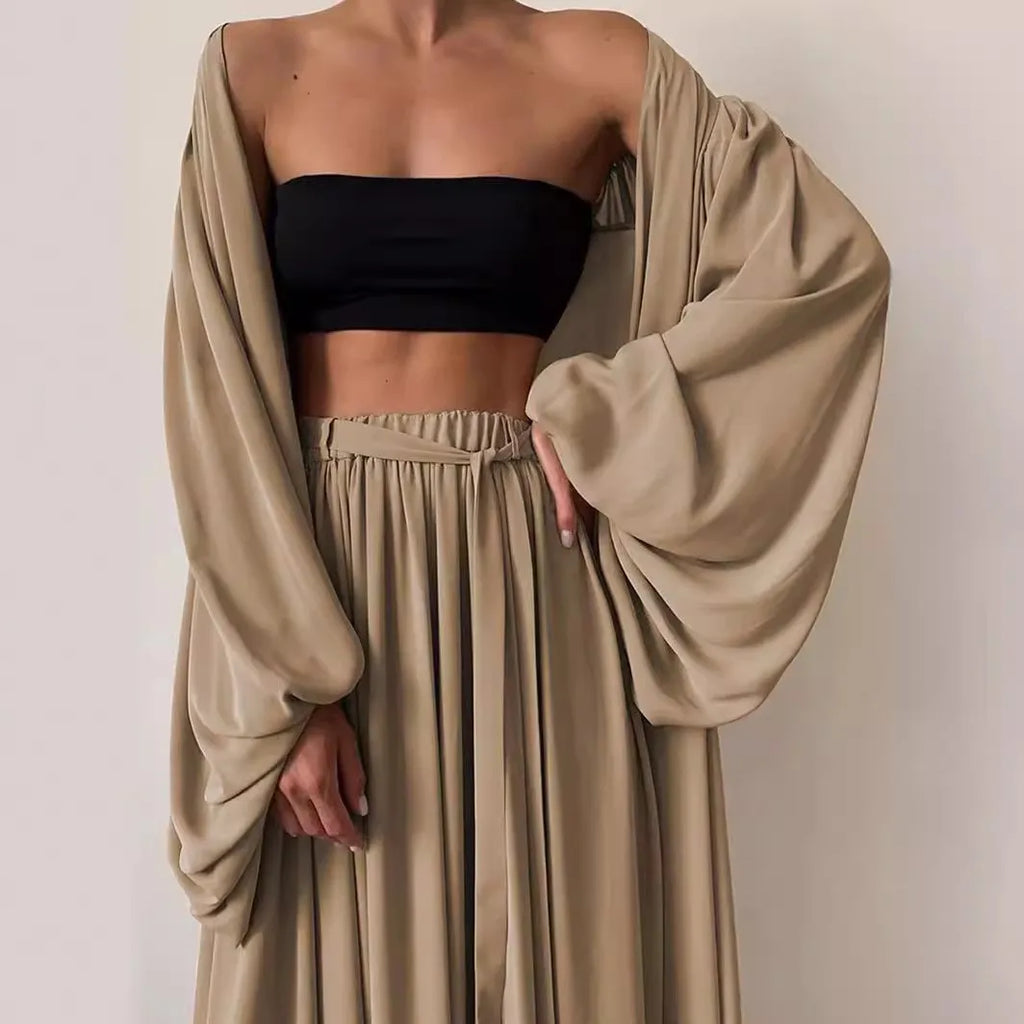 Summer Spring Women's Clothing Two Piece Set Long Sleeve Lantern Sleeve Solid Color Outfit Women's Suit Polyester Streetwear