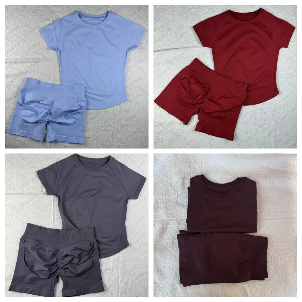 New Four Seasons 2-piece Sports Set Short Sleeve Round Neck Seamless Indoor Yoga Top Boxing Fitness Running Shorts Sports Set