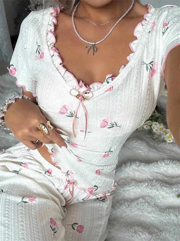 Summer Y2K Sweet Tulip Print Ruffle V Neck Tie Pajama Set Women Short Sleeve Top & Wide Leg Pants Casual Loungewear Sleepwear