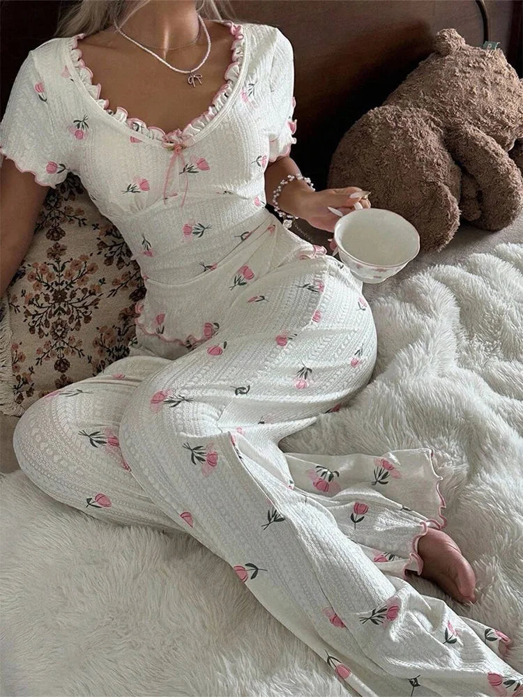 Summer Y2K Sweet Tulip Print Ruffle V Neck Tie Pajama Set Women Short Sleeve Top & Wide Leg Pants Casual Loungewear Sleepwear