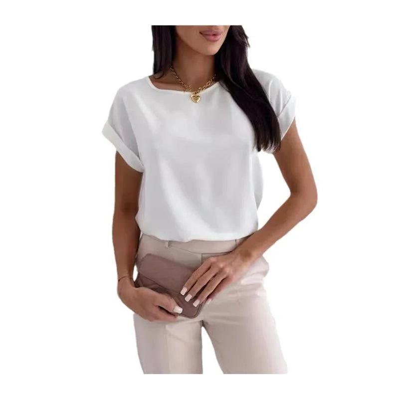 Fashionable Printed Loose Shirt Women's Simple Style Short Sleeve round Neck Casual Shirt Summer Season Regular Thickness