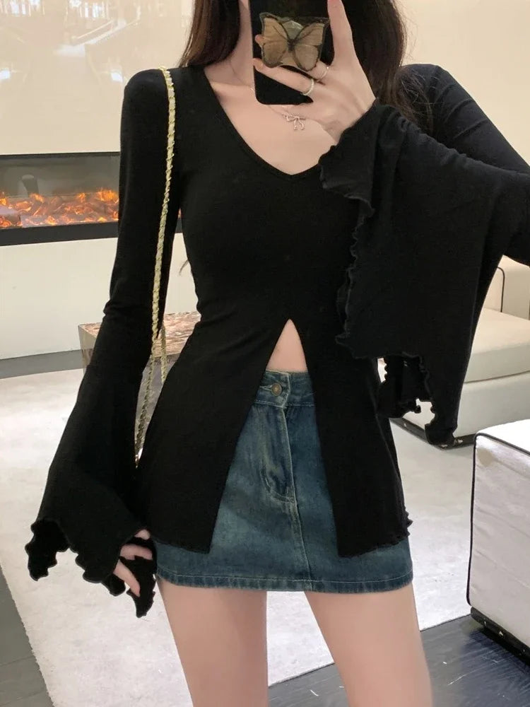 Vintage Y2K T-Shirt for Women, Bodycon Fit with Flare Sleeve & Side Split, Grunge Aesthetic Harajuku Top (74 Characters)