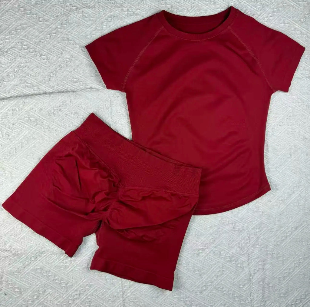 New Four Seasons 2-piece Sports Set Short Sleeve Round Neck Seamless Indoor Yoga Top Boxing Fitness Running Shorts Sports Set