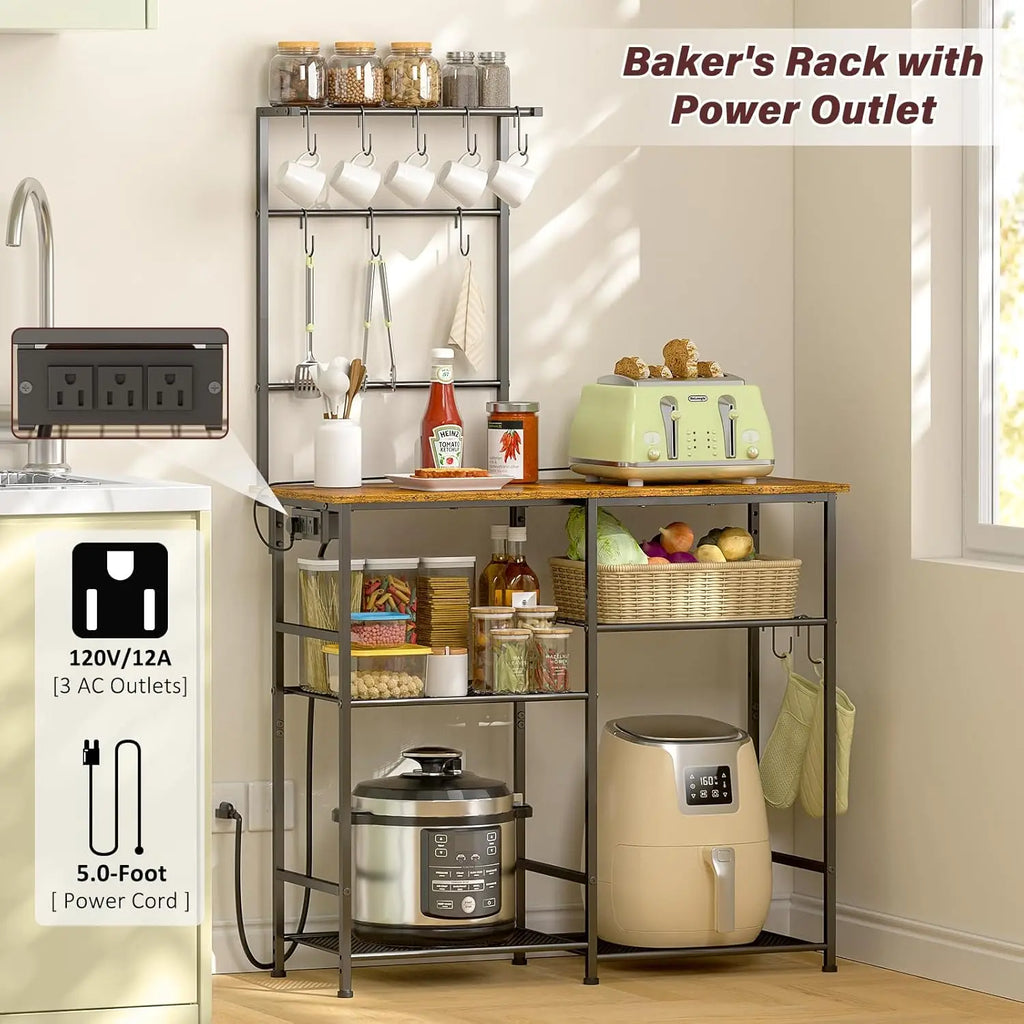 Rustic Brown Kitchen Microwave Stand with Power Outlet, 6-Tier Coffee Bar Station, Storage Shelf for Spices and Pots