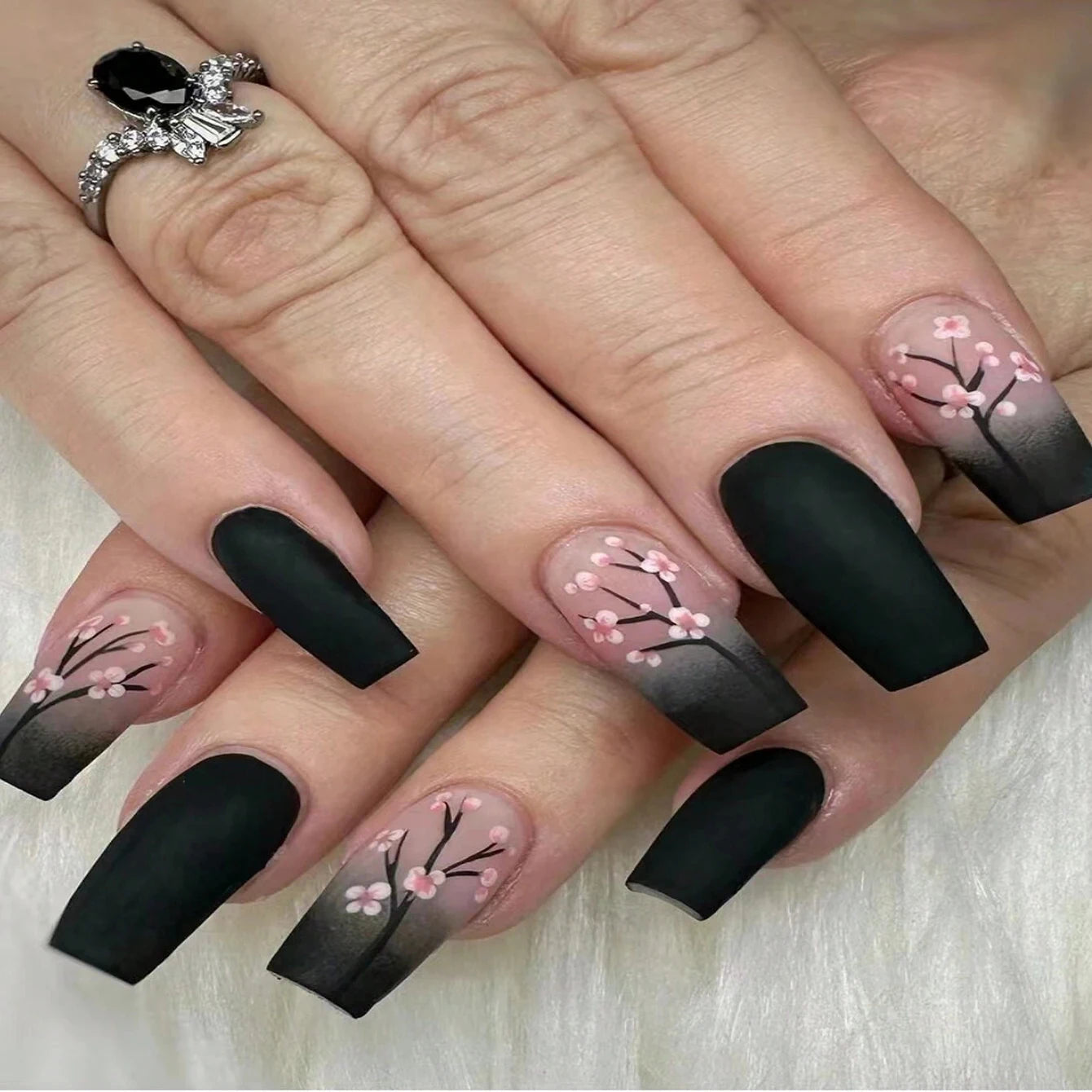 24PCS Design Short Square Shiny Black Cat Acrylic Fake Nail Glue And Blue Gradient Paste Suitable For Women And Girls