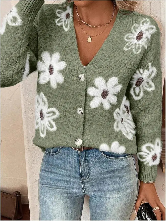 New Style Flower-Patterned Buttons Front-Opening Casual and Comfortable Cardigan