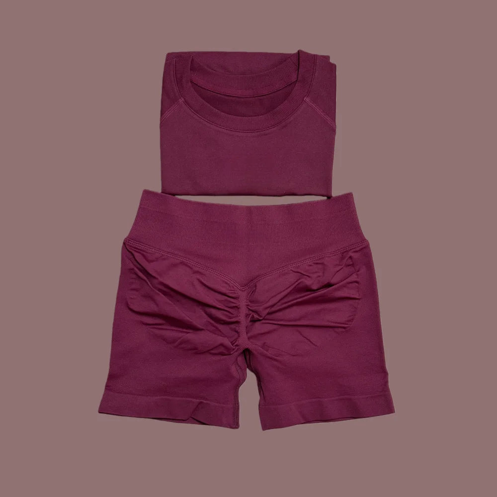 New Four Seasons 2-piece Sports Set Short Sleeve Round Neck Seamless Indoor Yoga Top Boxing Fitness Running Shorts Sports Set