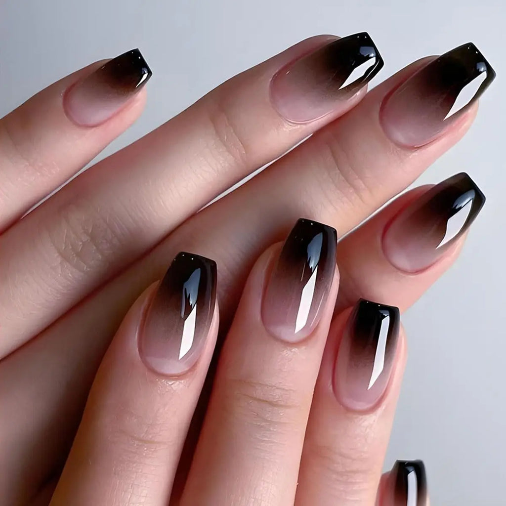 24PCS Design Short Square Shiny Black Cat Acrylic Fake Nail Glue And Blue Gradient Paste Suitable For Women And Girls