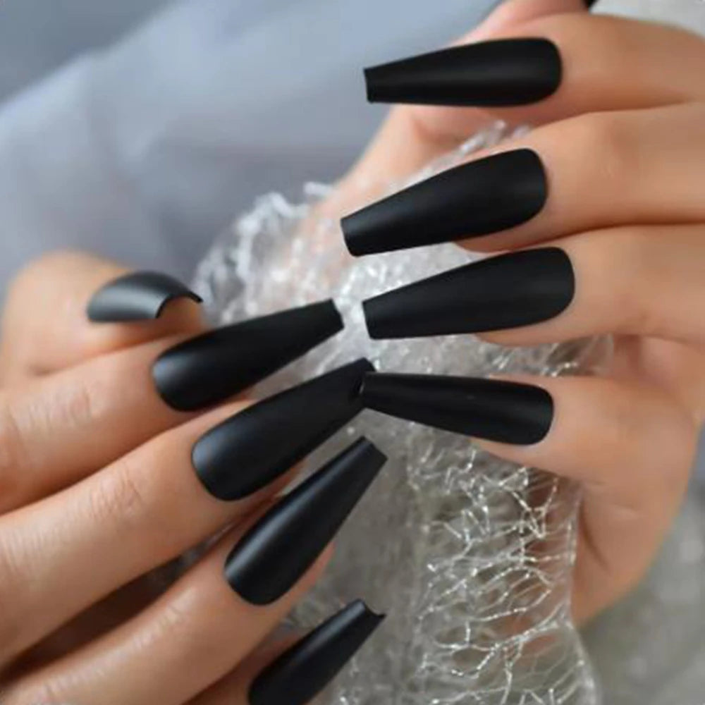 Matte Black Press On Nails Tips With Glue Artificial Short Fake Nails Coffin Shape DIY Finger Tips Manicure Tool