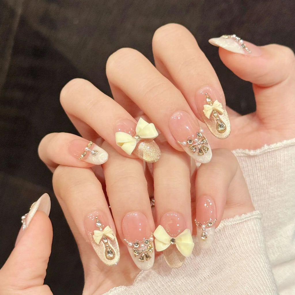 10pcs Handmade Press On Nails Light Luxury Cat's Eye Fake Nails Long French Tip Wearable 3D Bow Diamond Decor Almond False Nails