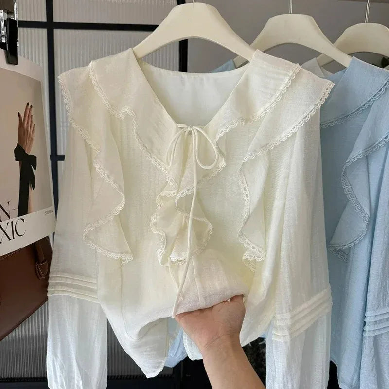 French V-Neck Chic Long Sleeved Blouse Women's Spring Summer Ruffled Casual Top New Design