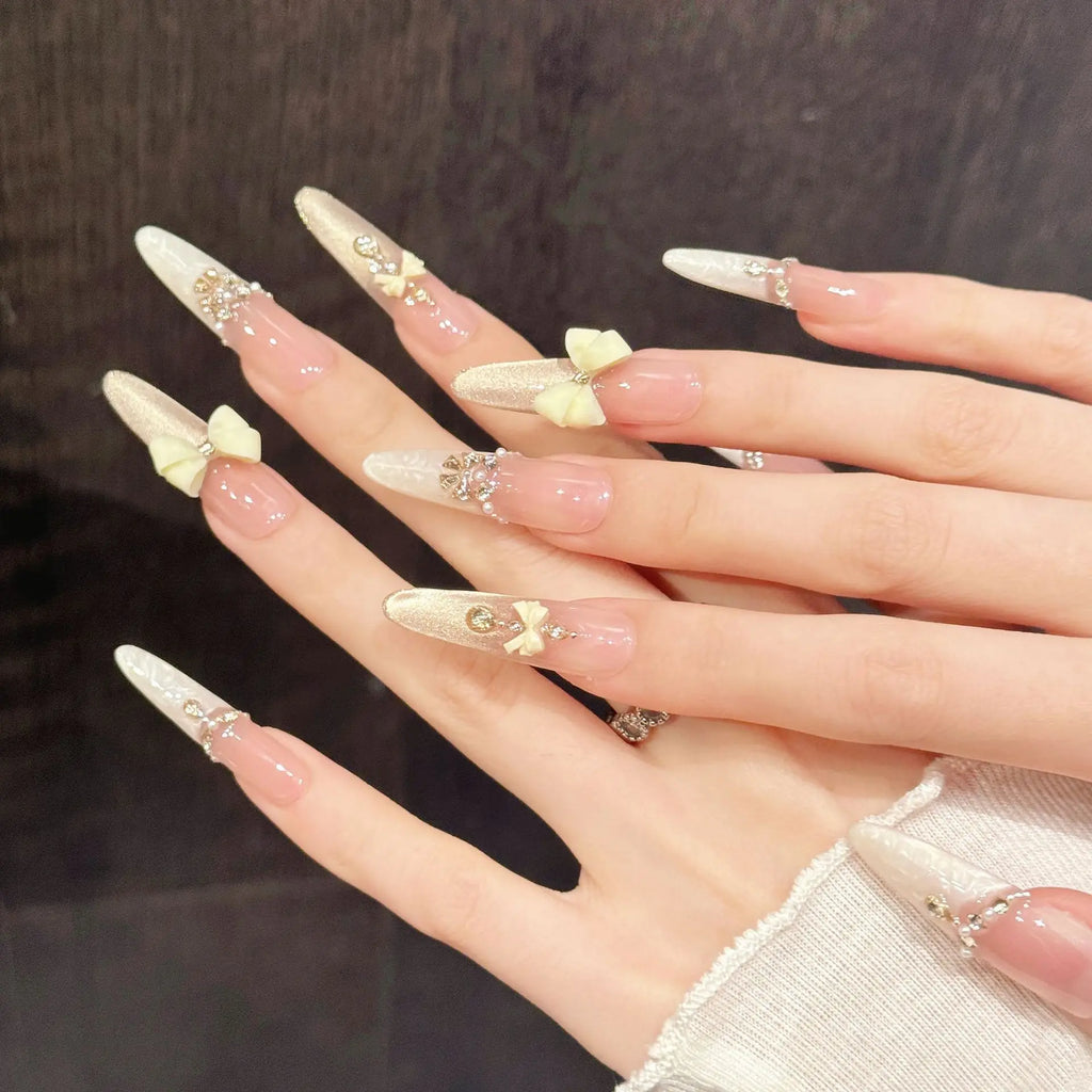 10pcs Handmade Press On Nails Light Luxury Cat's Eye Fake Nails Long French Tip Wearable 3D Bow Diamond Decor Almond False Nails