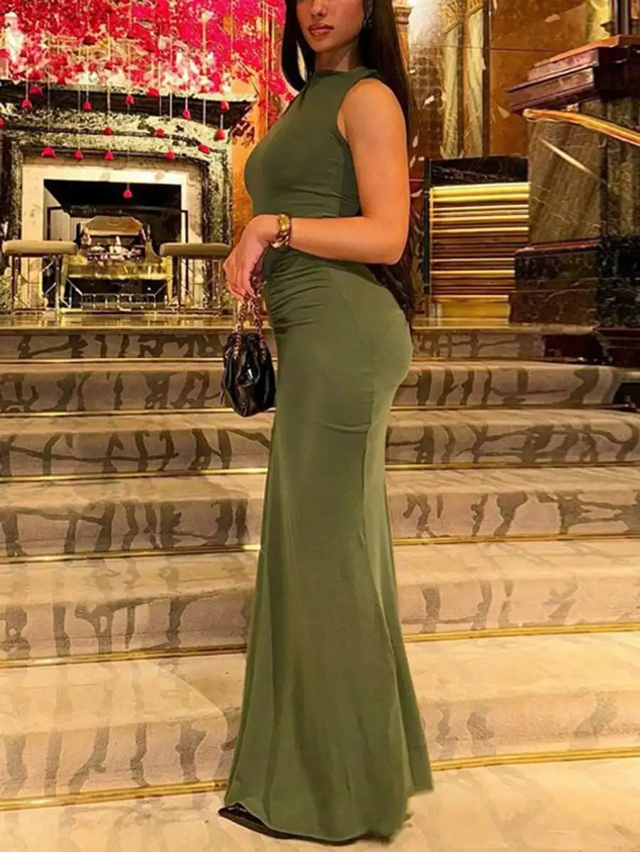 Olive Green Sleeveless Bodycon Maxi Dress with Ruched Waist