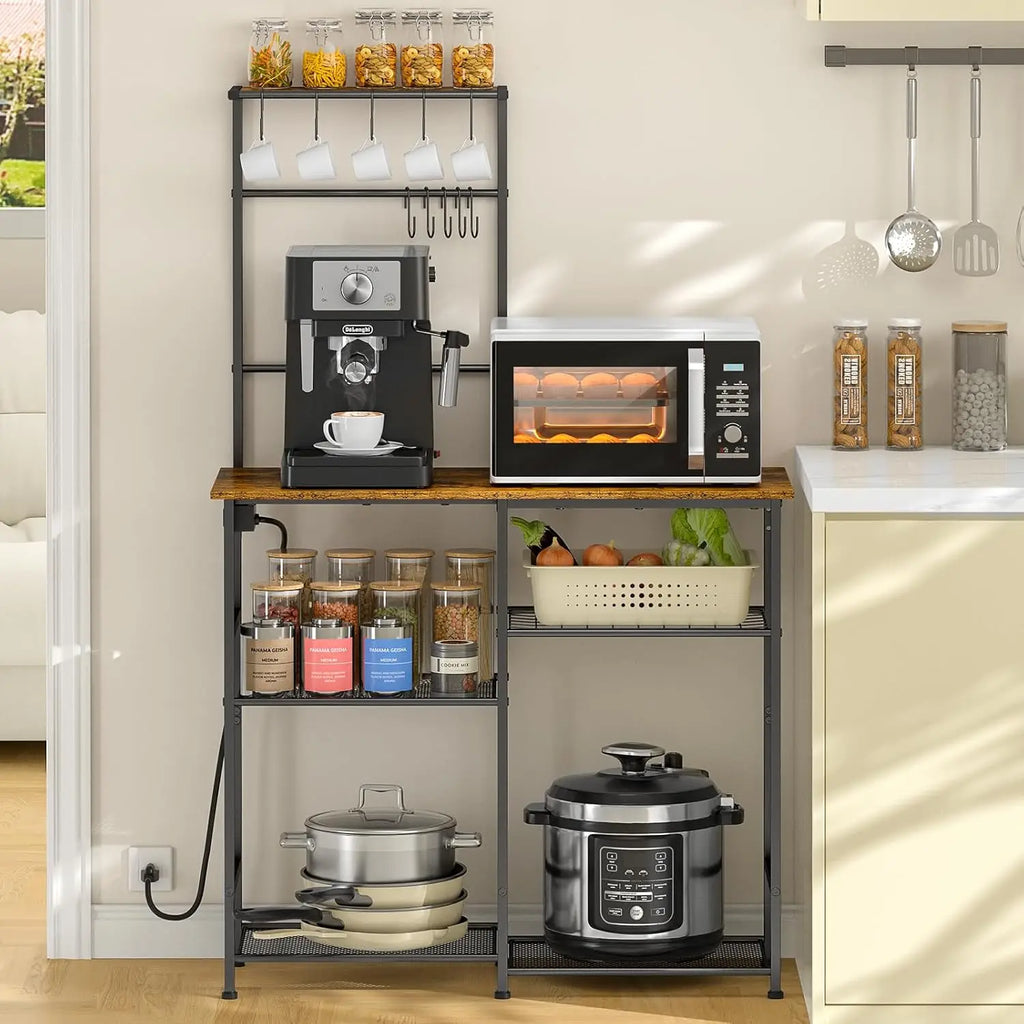 Rustic Brown Kitchen Microwave Stand with Power Outlet, 6-Tier Coffee Bar Station, Storage Shelf for Spices and Pots