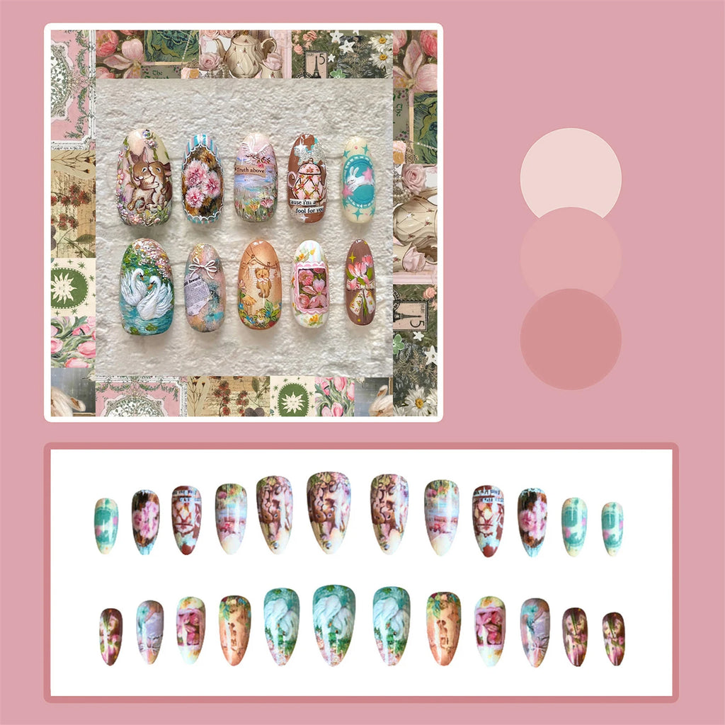 24pcs Vintage Garden Fake Nails Almond Press On Nails Removable Blue Gentle Elegant False Nails With Butterfly Flower Designs