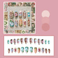 24pcs Vintage Garden Fake Nails Almond Press On Nails Removable Blue Gentle Elegant False Nails With Butterfly Flower Designs
