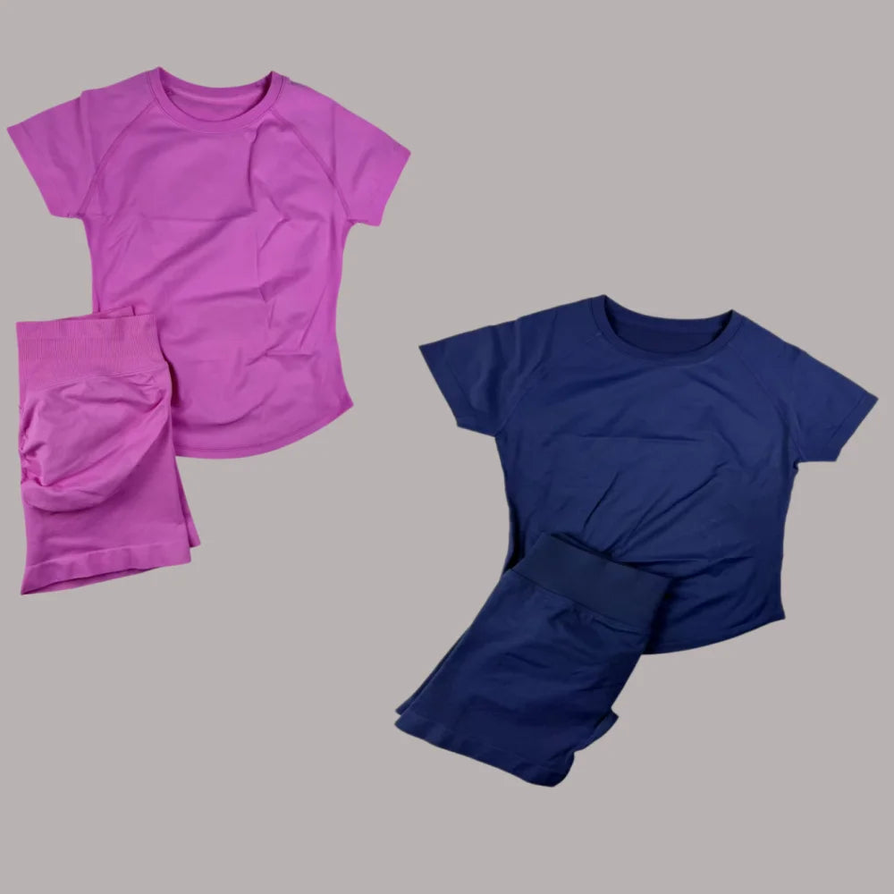 New Four Seasons 2-piece Sports Set Short Sleeve Round Neck Seamless Indoor Yoga Top Boxing Fitness Running Shorts Sports Set