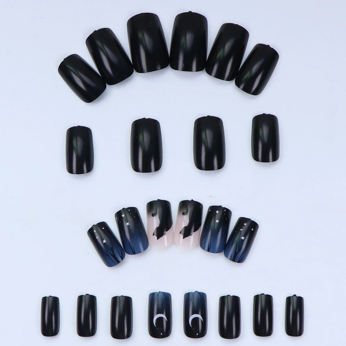 24PCS Design Short Square Shiny Black Cat Acrylic Fake Nail Glue And Blue Gradient Paste Suitable For Women And Girls