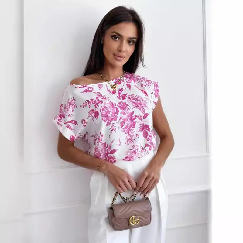 Fashionable Printed Loose Shirt Women's Simple Style Short Sleeve round Neck Casual Shirt Summer Season Regular Thickness