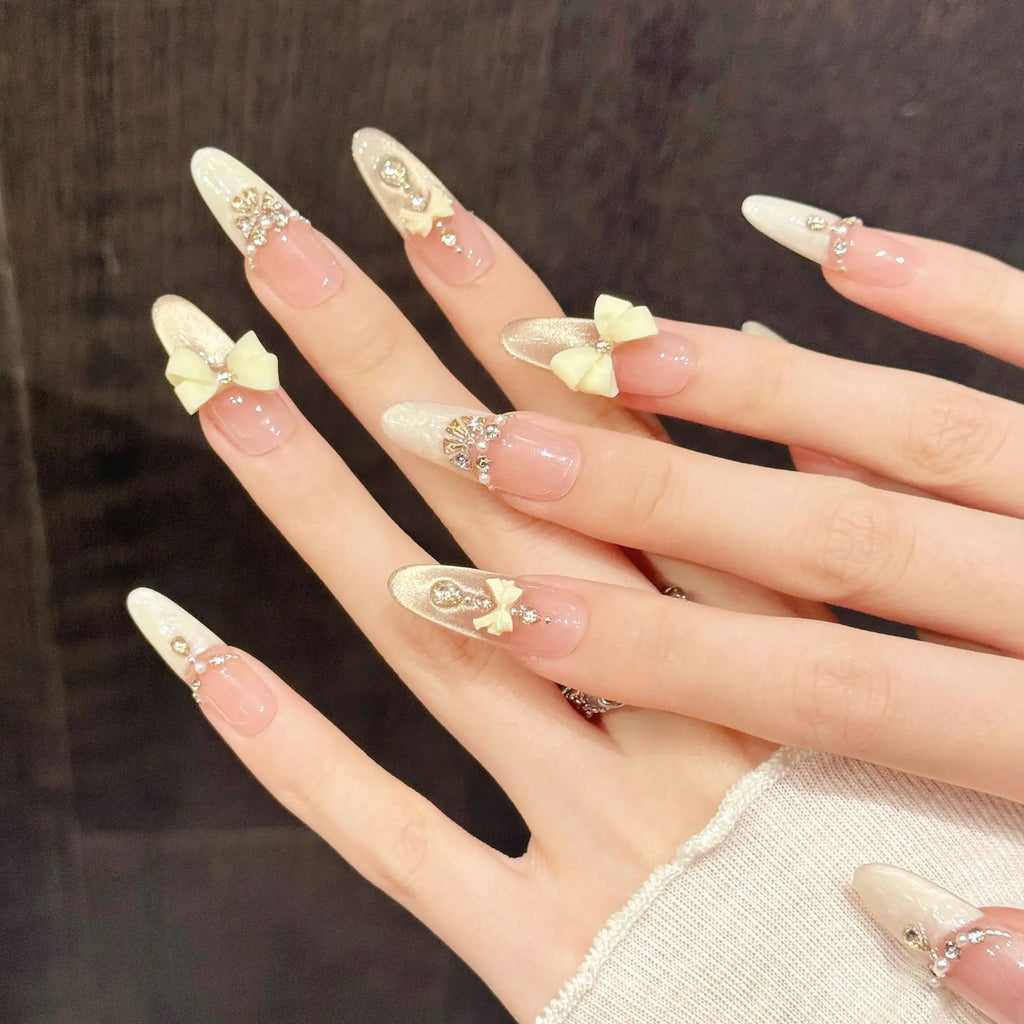 10pcs Handmade Press On Nails Light Luxury Cat's Eye Fake Nails Long French Tip Wearable 3D Bow Diamond Decor Almond False Nails