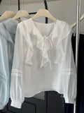 French V-Neck Chic Long Sleeved Blouse Women's Spring Summer Ruffled Casual Top New Design