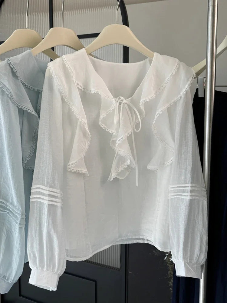 French V-Neck Chic Long Sleeved Blouse Women's Spring Summer Ruffled Casual Top New Design