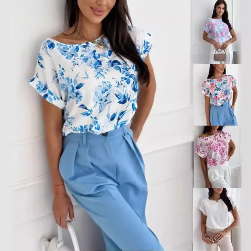 Fashionable Printed Loose Shirt Women's Simple Style Short Sleeve round Neck Casual Shirt Summer Season Regular Thickness