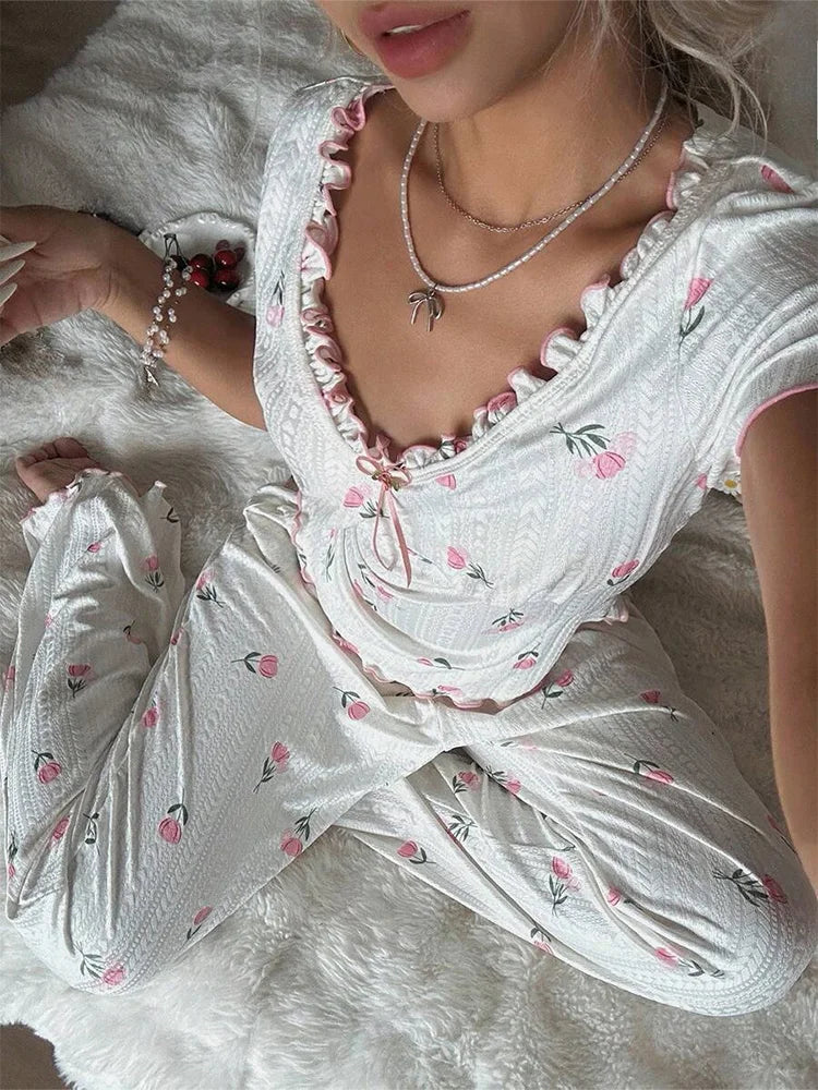 Summer Y2K Sweet Tulip Print Ruffle V Neck Tie Pajama Set Women Short Sleeve Top & Wide Leg Pants Casual Loungewear Sleepwear