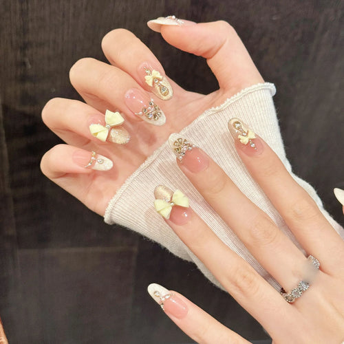 10pcs Handmade Press On Nails Light Luxury Cat's Eye Fake Nails Long French Tip Wearable 3D Bow Diamond Decor Almond False Nails