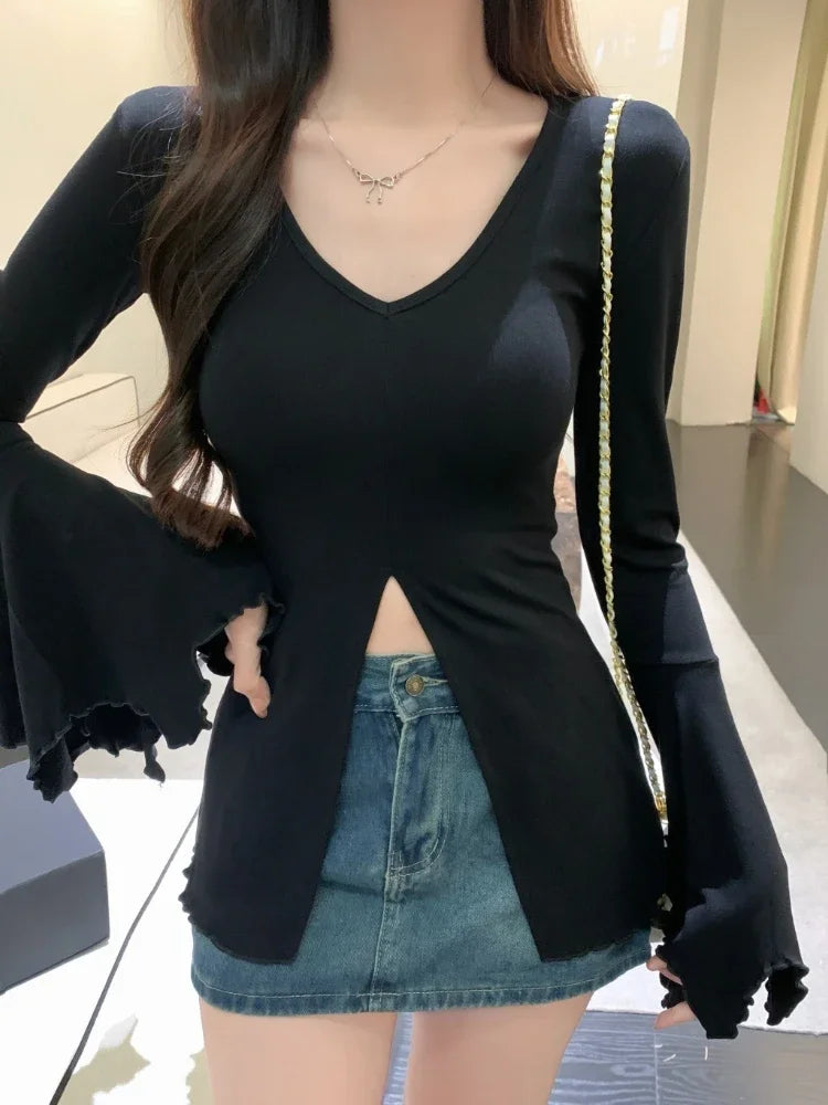 Vintage Y2K T-Shirt for Women, Bodycon Fit with Flare Sleeve & Side Split, Grunge Aesthetic Harajuku Top (74 Characters)