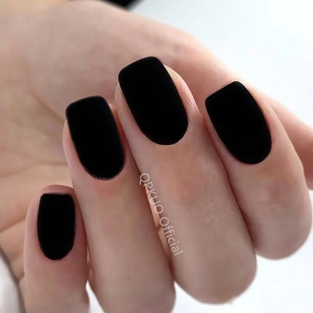 Matte Black Press On Nails Tips With Glue Artificial Short Fake Nails Coffin Shape DIY Finger Tips Manicure Tool