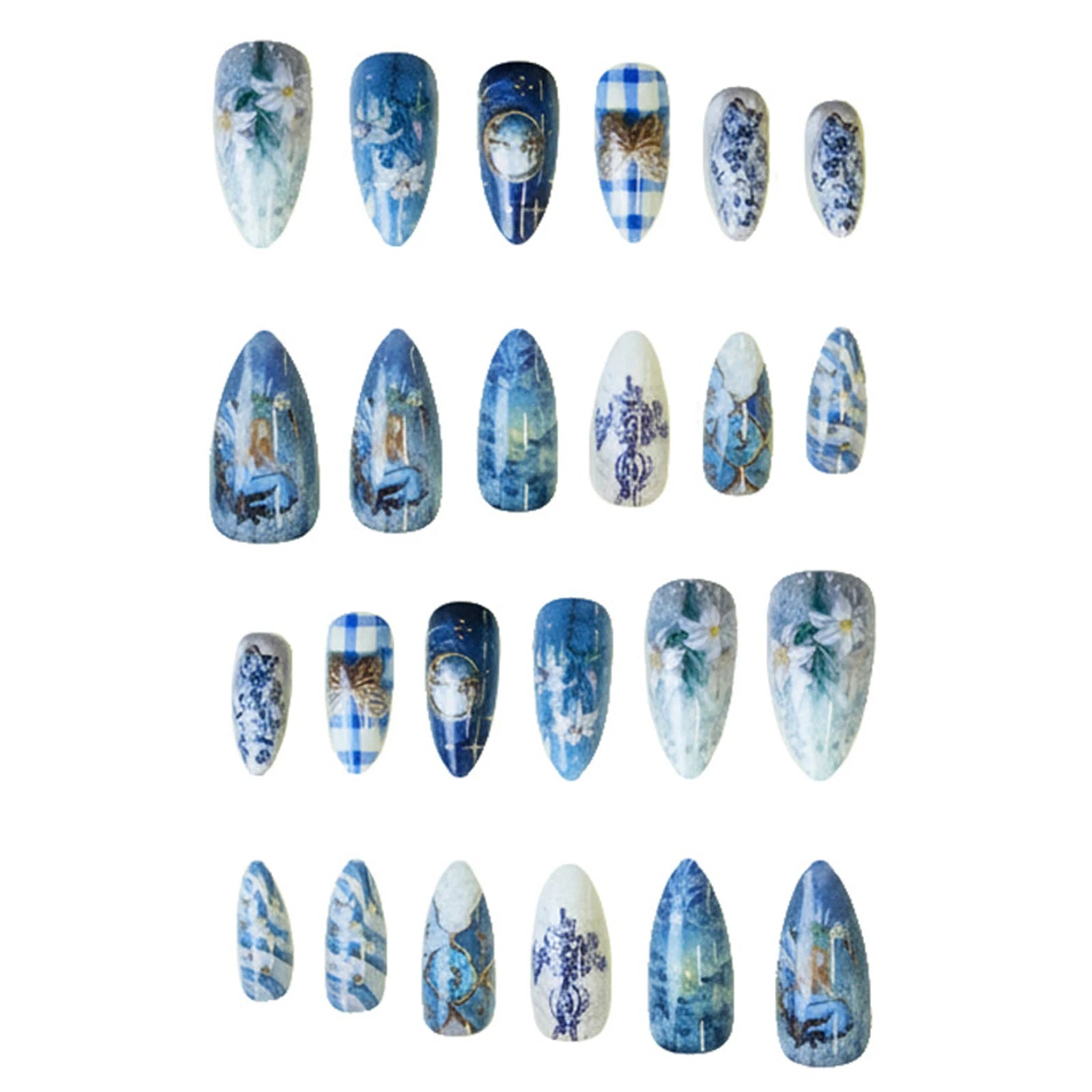 24pcs Vintage Garden Fake Nails Almond Press On Nails Removable Blue Gentle Elegant False Nails With Butterfly Flower Designs