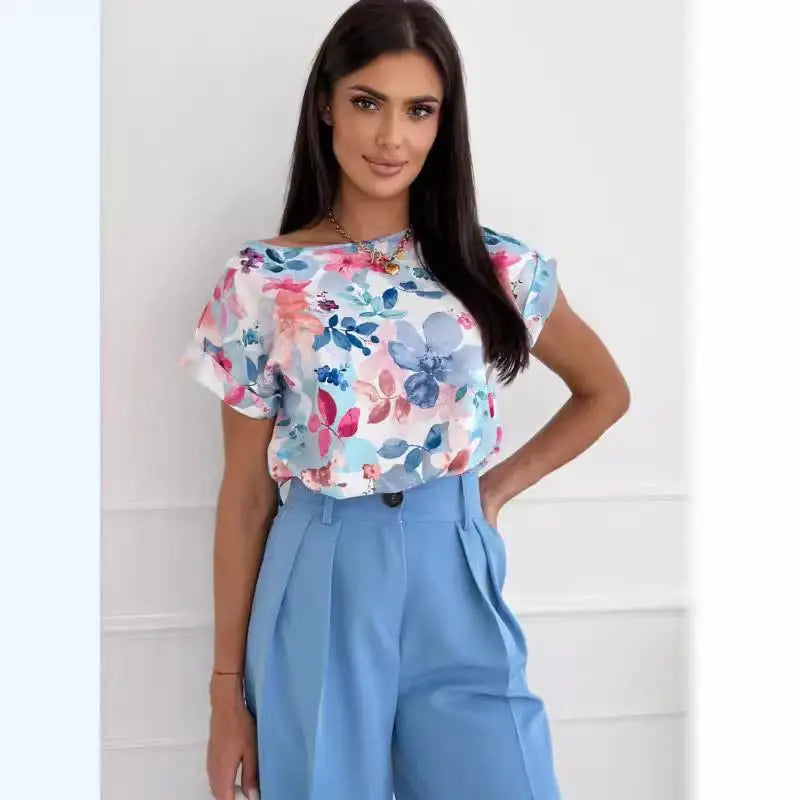 Fashionable Printed Loose Shirt Women's Simple Style Short Sleeve round Neck Casual Shirt Summer Season Regular Thickness