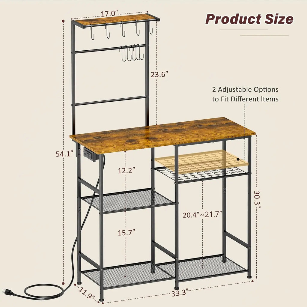Rustic Brown Kitchen Microwave Stand with Power Outlet, 6-Tier Coffee Bar Station, Storage Shelf for Spices and Pots