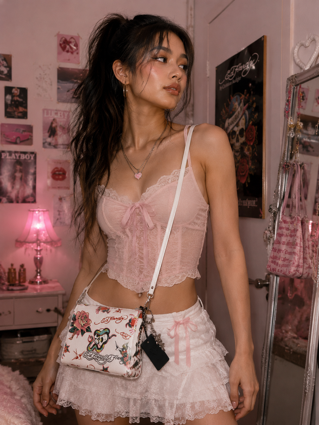 Ed-Hardy Y2K Skull Rose Micro crossbody bag + keychain