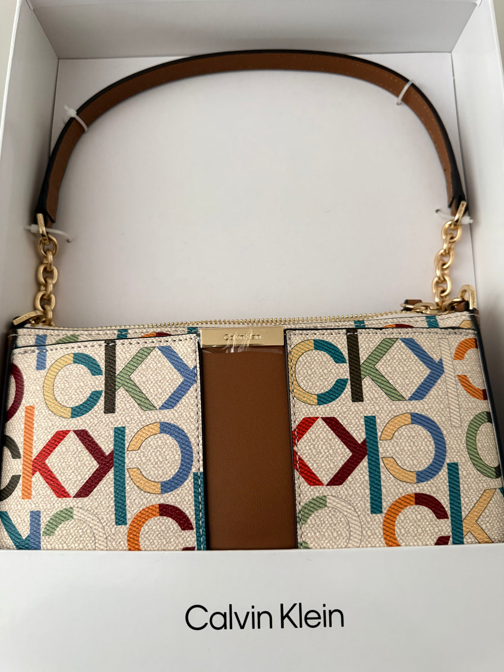 Calvin Klein Signature Print Shoulder Purse￼