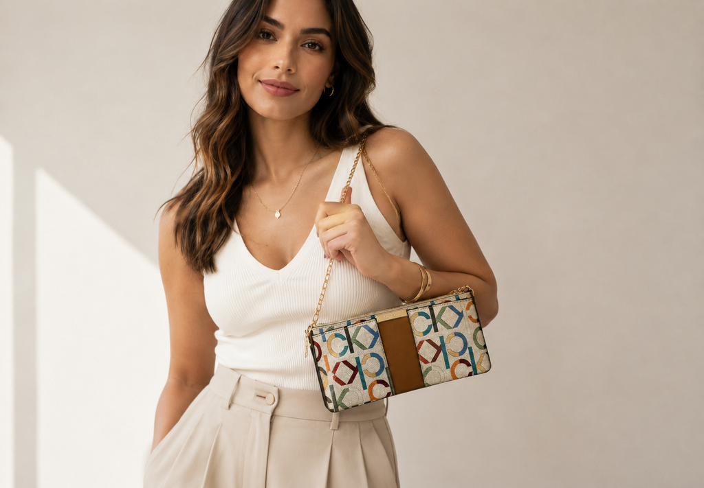 Calvin Klein Signature Print Shoulder Purse￼