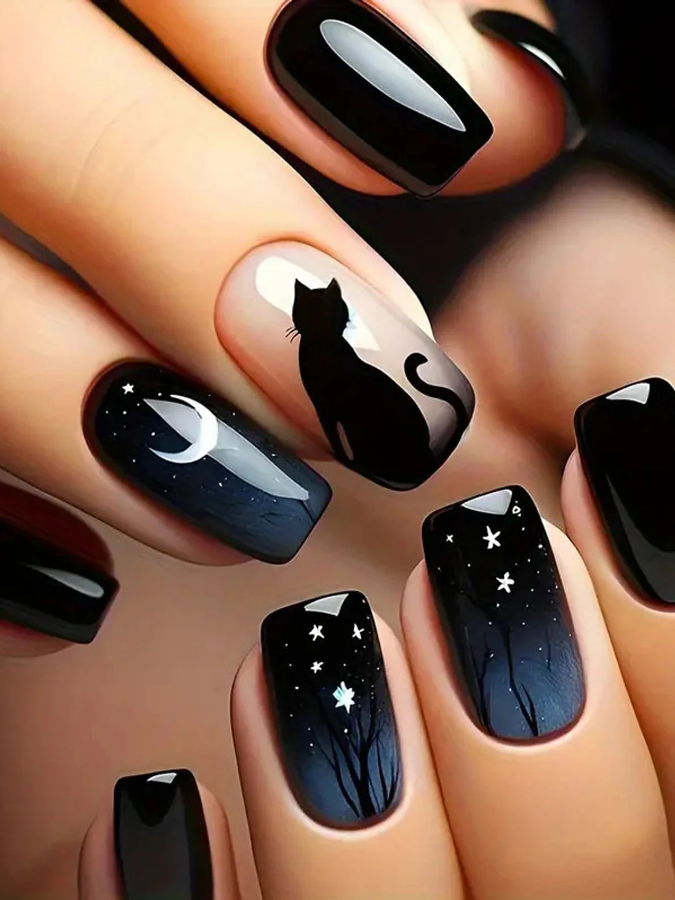 24PCS Design Short Square Shiny Black Cat Acrylic Fake Nail Glue And Blue Gradient Paste Suitable For Women And Girls