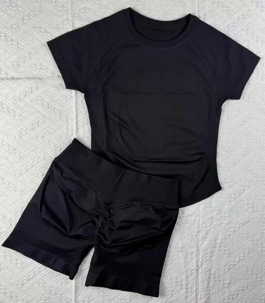 New Four Seasons 2-piece Sports Set Short Sleeve Round Neck Seamless Indoor Yoga Top Boxing Fitness Running Shorts Sports Set