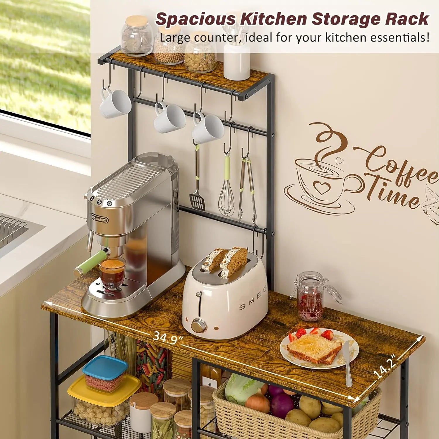 Rustic Brown Kitchen Microwave Stand with Power Outlet, 6-Tier Coffee Bar Station, Storage Shelf for Spices and Pots