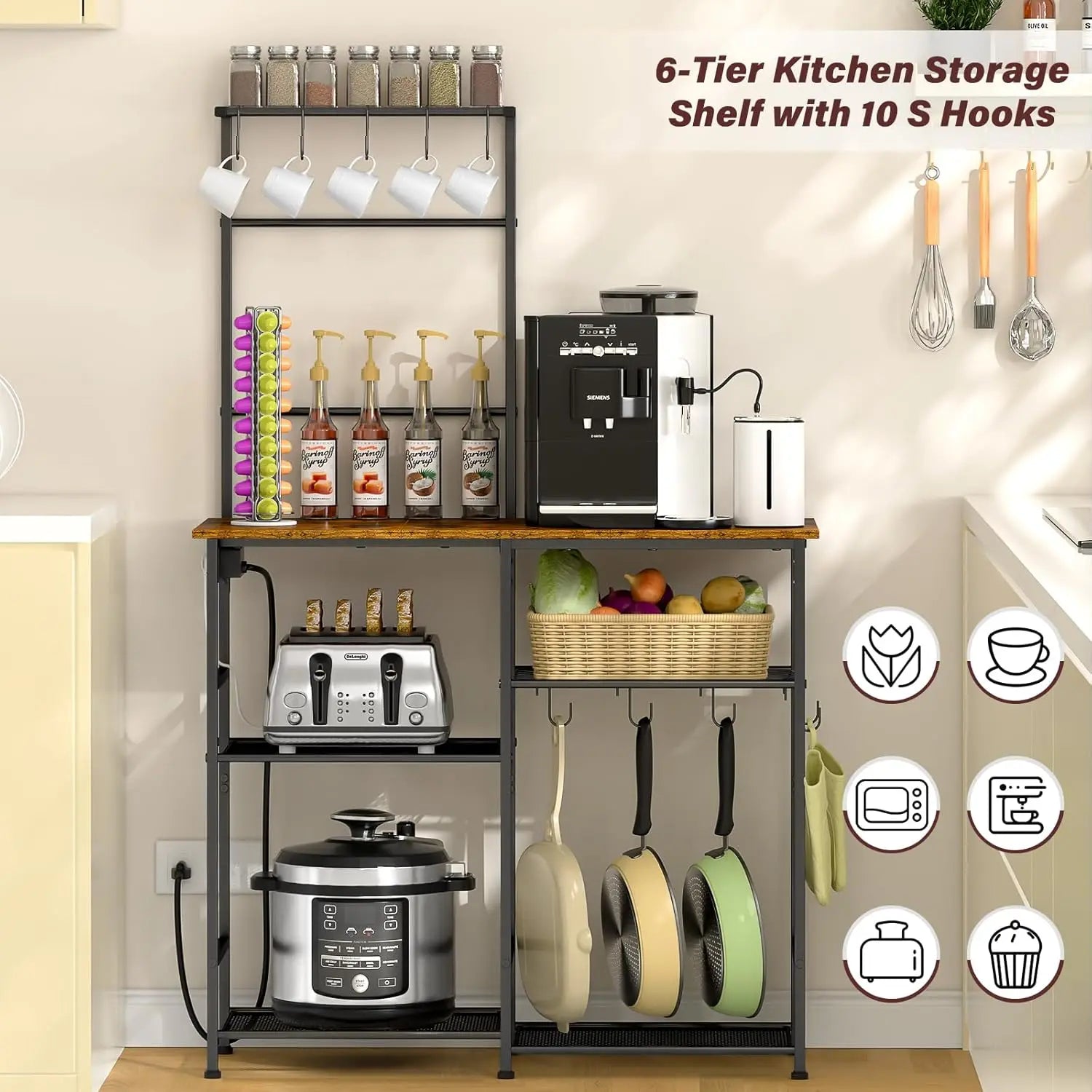 Rustic Brown Kitchen Microwave Stand with Power Outlet, 6-Tier Coffee Bar Station, Storage Shelf for Spices and Pots