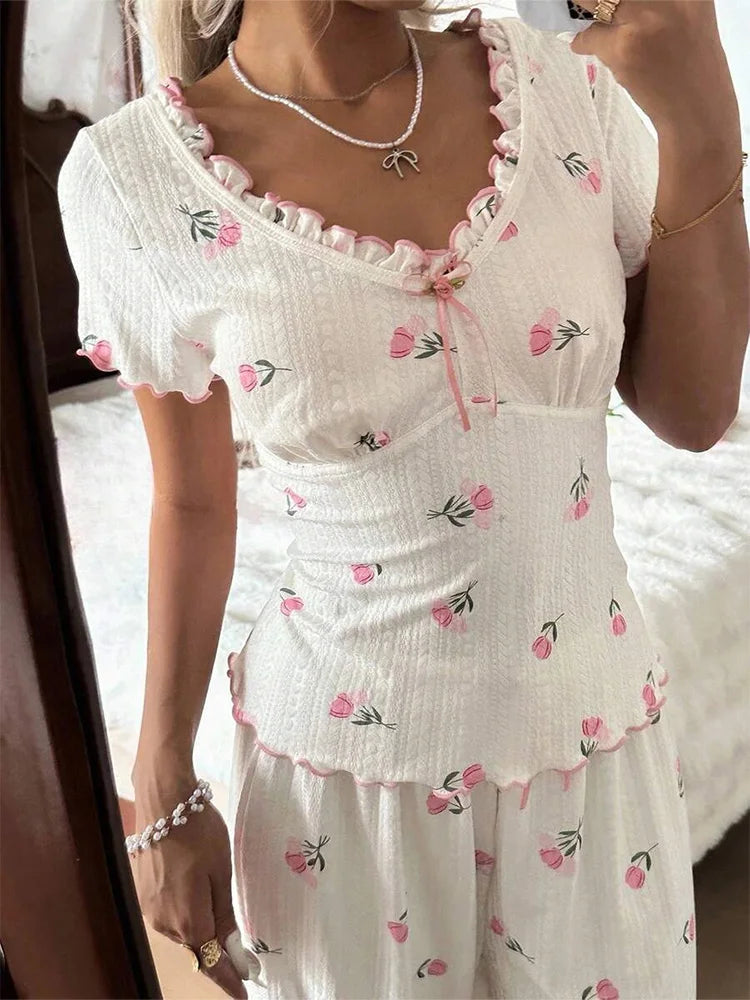 Summer Y2K Sweet Tulip Print Ruffle V Neck Tie Pajama Set Women Short Sleeve Top & Wide Leg Pants Casual Loungewear Sleepwear