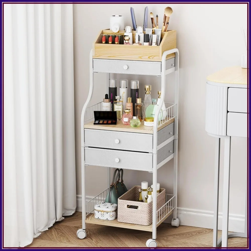 Vanity Makeup Organizer Cart with Drawers - Cosmetic Storage for Skincare, Perfume, Nail Polish & Brushes