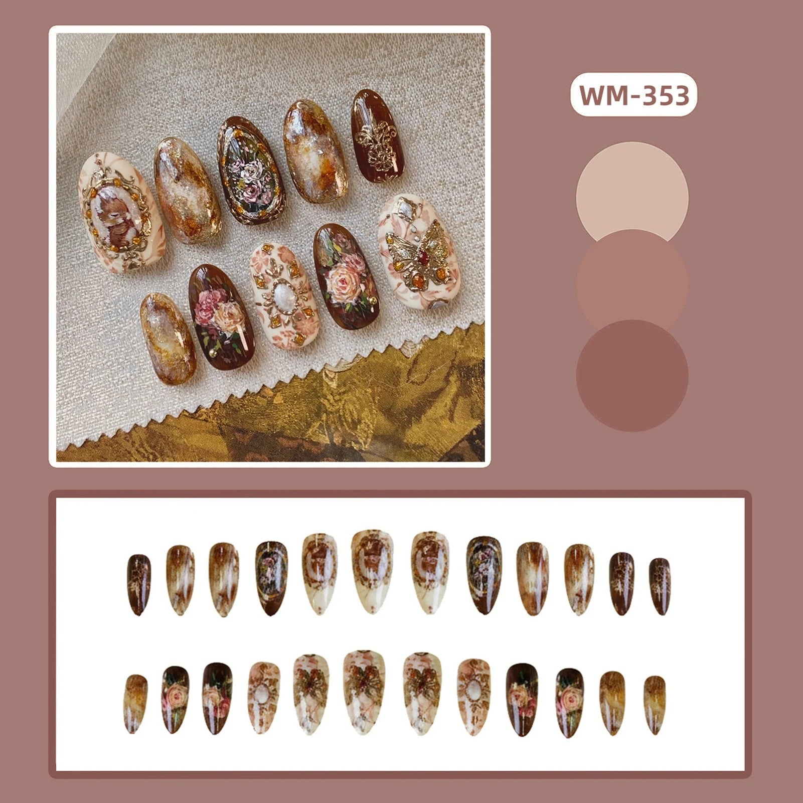 24pcs Vintage Garden Fake Nails Almond Press On Nails Removable Blue Gentle Elegant False Nails With Butterfly Flower Designs
