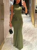 Olive Green Sleeveless Bodycon Maxi Dress with Ruched Waist