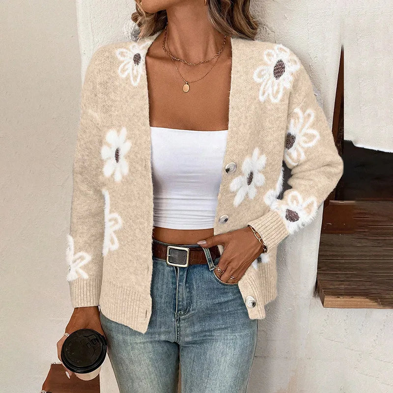 New Style Flower-Patterned Buttons Front-Opening Casual and Comfortable Cardigan