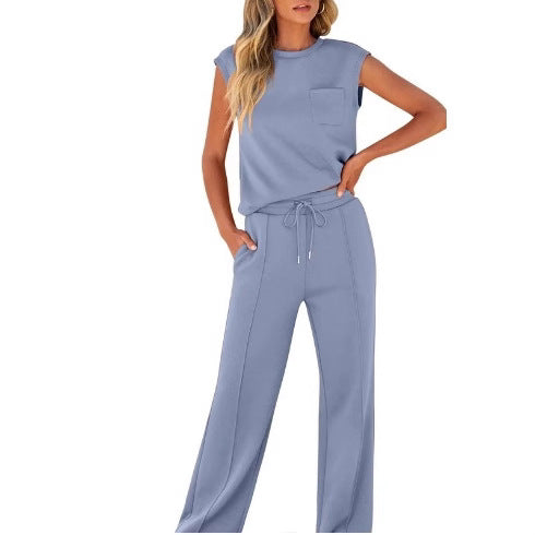 Womens Sleeveless Top High Waist Wide Leg Pants