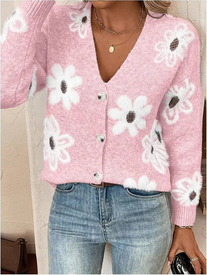 New Style Flower-Patterned Buttons Front-Opening Casual and Comfortable Cardigan