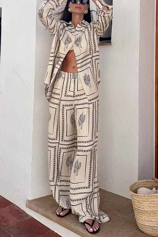 Printed Shirts Two Piece Set Women Long Sleeve Lapel Shirts High Waist Wide Leg Pants Suit For Women Home Wear Outfits Clothing