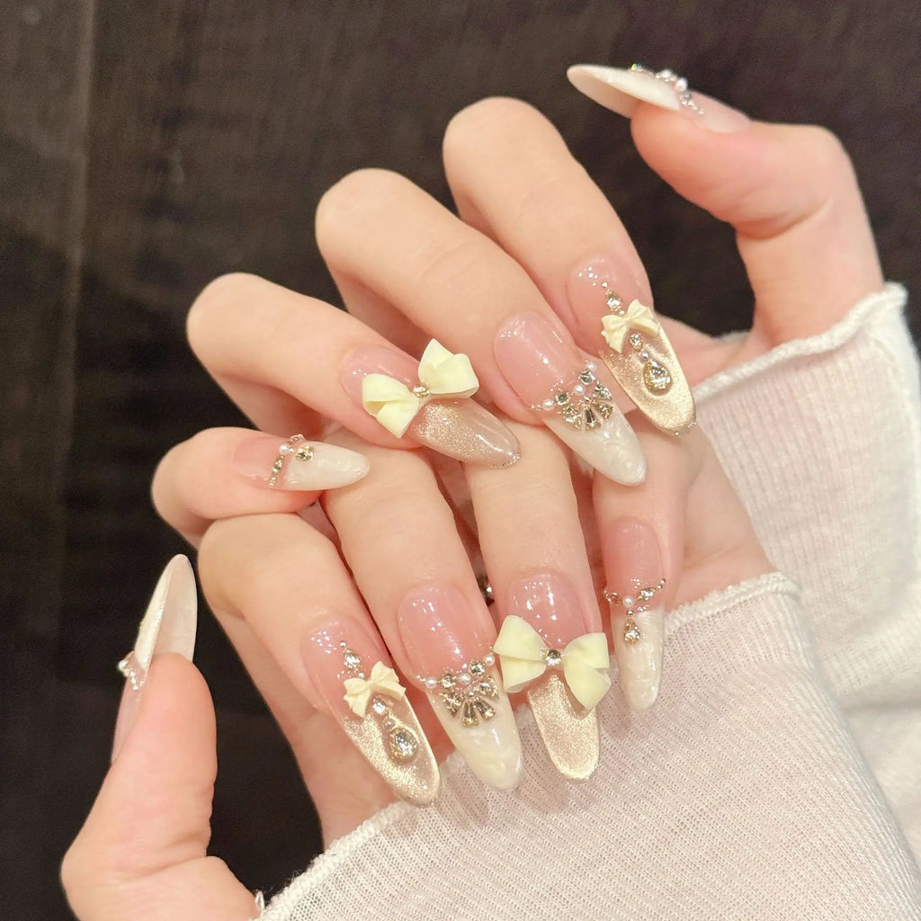 10pcs Handmade Press On Nails Light Luxury Cat's Eye Fake Nails Long French Tip Wearable 3D Bow Diamond Decor Almond False Nails